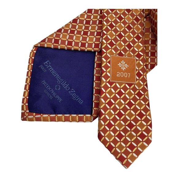 PATEK PHILIPPE By ERMENEGILDO ZEGNA Orange Geometric Silk Tie Italy 59"-3.5" E.C - Picture 5 of 6